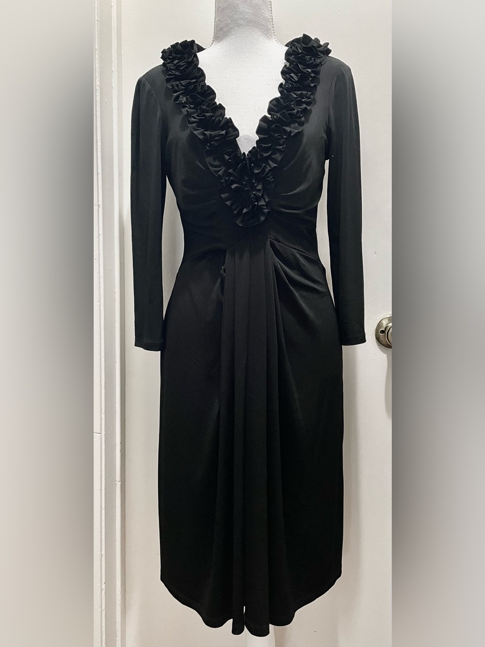 Elegant Black Long Sleeve V-Neck Dress with Ruffle Trim. Size 10